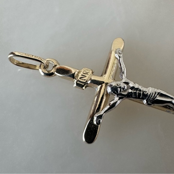 14k Two Tone Solid Gold Crucifix Pendant - Picture 3 of 10